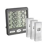 TFA Dostmann Klima-Monitor Funk-Thermo-Hygrometer mit 3 Sendern, 30.3054.10, ideal zur Klimaüberwachung, Alarmeinstellung, Max-Min. Funktion, grau, L 116 x B 24 (64) x H 126 mm