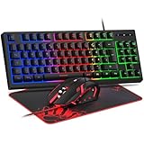 Rewurnth Gaming Tastatur und Maus Set, QWERTZ DE Layout, 75% TKL, RGB Hintergrundbeleuchtete Kabelgebundene Tastatur, Ergonomische 4 Farbige LED Gaming Maus, Großes Mauspad, USB Plug & Play für PC
