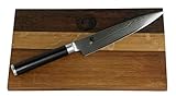 Kai Shun Allzweckmesser DM 0701 – ultrascharfes Japanisches Damast Messer 15cm Klinge + Fassholz Schneidebrett 25x15 cm