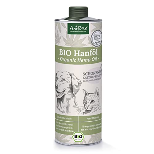 AniForte kaltgepresstes Bio Hanföl für Hunde & Katzen 1 Liter - 100% reines Barf Öl als Zusatz, Premium Hanföl, Naturprodukt ohne Zusätze, Recyclebare Verpackung ohne BPA
