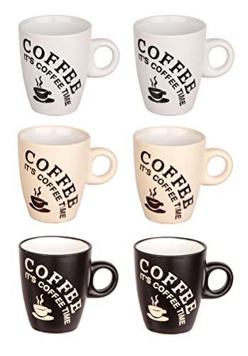 BigDean 6er Set Kaffeetassen mit Henkel 180ml - it’s coffee time Aufdruck - Keramik Kaffeebecher Tassen für Kaffee, Cafe Americano & Cappuccino - 3 Farben je 2 Stück
