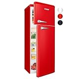 Bomann Retro Kühlschrank mit Gefrierfach | Vintage Kühlgefrierkombi Inhalt 208 L | Kühlen: 160 L, Gefrieren: 48 L | Retro-Fridge klein und leise | (H) 147 x (B) 54.5 x (T) 38.5 cm | DTR 353.1 rot