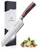 KEEMAKE Santoku Messer 18cm - Ultrascharfes Küchenmesser aus 1.4116 Stahl, Anti-Haft Wellendesign & Ergonomischer Pakkawood Griff - Profi Kochmesser für Gemüse, Fleisch - Inkl. Scheide Geschenkbox
