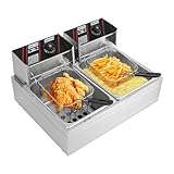 WOLEGM 6 Liter Fritteuse, 220V 2,5kW Große Doppel-Fritteuse Unabhängig Temperaturgeregelte mit Deckel und Frittierkorb für Zubereitung Frühlingsrollen, Brathähnchen, Silber