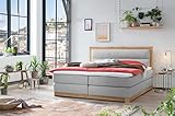 Belanoti Age Boxspringbett 160x200 Eiche 7-Zonen Taschenfederkern Matratze inkl Visco Topper Bett 160x200 in der Farbe Hellgrau H2/H3 Polsterbett Hotelbett mit Massivholz Eiche Massivholzbett