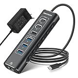 USB C 3.1 Hub Aktiv mit Netzteil, RSHTECH 7-in-1 USB C 3.2 Hub mit Ethernet Adapter, 3 * 10Gbps (2*Typ-C,1*Typ-A), 3 * 5Gbps USB 3.0, USB-C Kabel, 24W Netzteil, Aluminium Verteiler, RSH-A107W