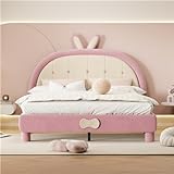 hrijusdif Doppelbett 140x200 cm mit Hasenohren Kopfteil beige rosa Polsterbett Kinderbett Junge Mädchen rundes Kopfteil Zuhause mit Holzlattenrost (Pink + 140x200)