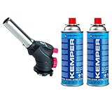 Kemper Taschenlampe, Gasbrenner, Kocher, Karamellgerät + 2 Butangas-Nachfüllpackungen à 227 g, multifunktional (2 Butan + Zunder)