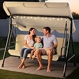 Soontrans 3-Sitzer Hollywoodschaukel, Familienzeit mit Leichtigkeit, Gartenschaukel mit Sonnendach & Gestell & Gepolsterte Sitzauflage, Belastbar bis 200 kg, aus Stahl (193 x 110 x 152 cm, Beige)