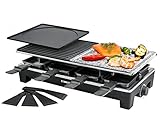 ROMMELSBACHER Raclette Grill RCS – 2 Wendegrillplatten, 1 Steingrillplatte, 8 Pfännchen, 8 Schaber, Antihaftbeschichtung Xylan Plus, stufenlose Temperaturregelung, 1350 Watt, Schwarz/Edelstahl