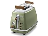 De'Longhi Icona Vintage CTOV 2103.GR – 2-Schlitz-Toaster mit Brötchenaufsatz, Toaster mit 6 Bräunungsstufen, Auftau- & Aufwärmfunktion, aus Edelstahl in elegantem Retro Look, grün