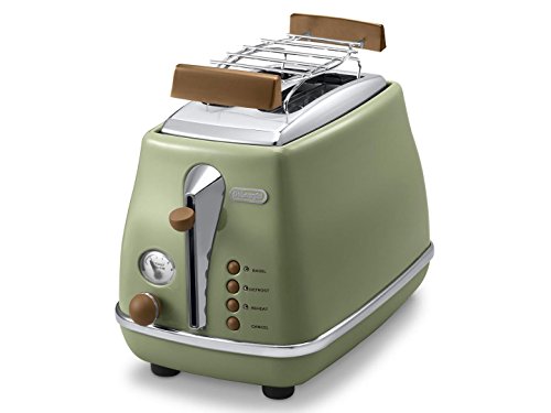 De'Longhi Icona Vintage CTOV 2103.GR – 2-Schlitz-Toaster mit Brötchenaufsatz, Toaster mit 6 Bräunungsstufen, Auftau- & Aufwärmfunktion, aus Edelstahl in elegantem Retro Look, grün