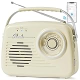 Radios Portable Am Fm, Kleine Retro Vintage Radio Bluetooth, AA-Batterie betriebene Radio oder Stecker in der Wand, Unterstützung SD-Karte AUX USB MP3-Player für Haus/Outdoor (White)