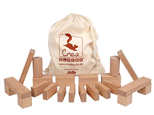 CreaBLOCKS Holzbausteine Baby-Pack 22 unbehandelte Bauklötze für Kleinkinder ab 6 Monaten (im Baumwollbeutel) Made in Germany