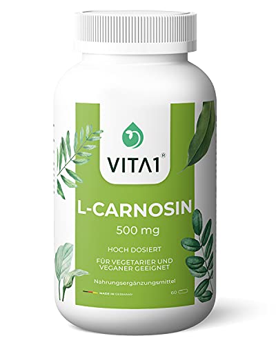 VITA1 L-Carnosin 500mg • 60 Kapseln (Monatspackung) • Glutenfrei, vegan, koscher L-Carnosin-Kapseln von Vita1® sind besonders für Veganer und Vegetarier