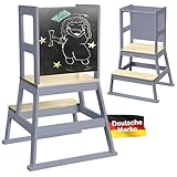 Baby Vivo Lernturm aus Holz - Tower Küche Kindermöbel Learning Tower - Schemel Lerntower für Kinder ab dem Stehalter - Tritthocker mit Tafel Montessori Küchenhelfer Lernstuhl in Grau