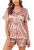 Vlazom Damen Satin Schlafanzug Kurzarm Satin Pyjama Set mit Knopfleiste Zweiteiliger Hausanzug（S,Erröten Rosa）