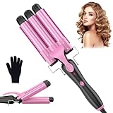 Lockenstab 3 Fässer Beach Waves Welleneisen für Haare, 25mm Kleine Locken Keramik Lockeneisen-Temperatureinstellung Schnelle Erwärmung mit Handschuh, Rosa