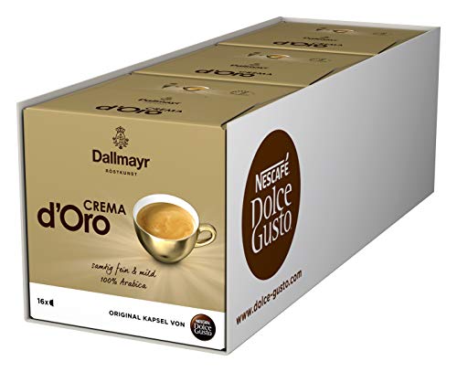 NESCAFÉ Dolce Gusto Dallmayr Crema d'Oro | 48 Kaffeekapseln | 100% Arabica-Bohnen | Feine Crema und vollmundiges Aroma | Schnelle Zubereitung | Aromaversiegelte Kapseln | 3er Pack (3 x 16 Kapseln)