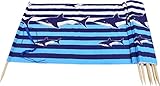 Windschutz Strand, Länge 8 Meter, in weißen, marineblauen und blauen Streifen mit Haifischen, mit Schultergurt