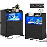 Brinlawb Nachttisch 2er Set Nachttische mit Ladefunktion und LED-Licht Nachtschrank 2er Set mit 2 Schubladen Nachttisch Schwarz Beistelltisch Schwarz Couchtisch Sofatisch für Schlafzimmer, Wohnzimmer