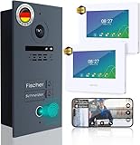 MATHFEL 2 Draht Video Fingerprint Türsprechanlage 2-Familienhaus Full HD 1080p mit 2 Jahren Garantie - 2-Draht-Bus-Installation - 170° Kamera, 2X 7-Zoll WLAN-Monitor, IP65 Wetterfest, Türöffner