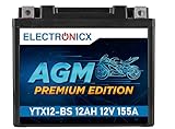 Electronicx YTX12-BS AGM Motorradbatterie 12V 12Ah – Wartungsfrei, Rüttelfest, +30% Startleistung – Perfekt für Motorräder, Roller & Quads – Hohe Kapazität, Ideal für ABS-Systeme