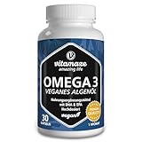 Omega 3 vegan & hochdosiert: 375 mg DHA & 125 mg EPA in nur 1 Kapsel, 1080 mg hochwertiges Algenöl für 1 Monat, höchste Bioverfügbarkeit