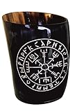 Hornerey Hornbecher Vegvisir - Gravierter Becher aus Horn - Trinkhorn für Wikinger Met, 1 Stück (1er Pack), Schwarz