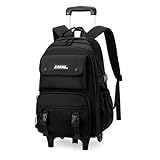 ZHANAO Einfarbiger Rollrucksack für Jungen, Schultasche für Mittelschüler, Trolley, Büchertaschen für Grundschule, Schwarz, 2 Rollen, 2 Wheels