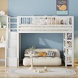 Luxeza Hochbett 90 x 200, Hochzaun-Sicherheitsdesign mit Kleiderschrank, Regalen und Stauraum mit Sicherheitskletterleiter, Multifunktionsbett, Massivholzbett (Weiß)