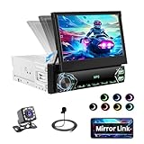 Roinvou Autoradio 1Din mit Ausfahrbarem Bildschirm,7Zoll Manuell Einziehbarer Display 1 Din Radio mit Bluetooth Freisprecheinrichtung FM EQ 2USB Type-C AUX Mirror Link SWC Rückfahrkamera