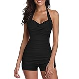 Chnnamzu Badeanzug mit Bein, Badeanzug Damen Bauchweg Push Up, Sport Badeanzüge für Damen Shape Einteiliger Bademode mit Hose Neckholder Schwimmanzug Lang Monokini Sommer Strandmode Swimsuit