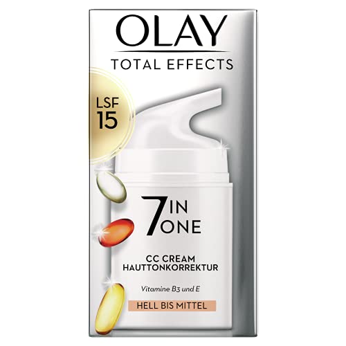 Olay Total Effects 7-in-1 CC Feuchtigkeitscreme Mit LSF 15 Für Frauen, Helle Bis Mittlere Hauttypen 50ml, Tagescreme mit Vitamin E, B3 und B5, Gesichtscreme Damen (Verpackung kann variieren)