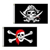 Piratenflagge, 2 Stück, 60 x 90 cm, Totenkopf- und Kreuzmesser, gekreuzte Knochen, Jolly Roger (roter Schal) Flagge für Outdoor und Piraten-Partys, Kreuzmesser-Flagge und Jolly Roger Flagge