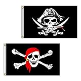 Piratenflagge, 2 Stück, 60 x 90 cm, Totenkopf- und Kreuzmesser, gekreuzte Knochen, Jolly Roger (roter Schal) Flagge für Outdoor und Piraten-Partys, Kreuzmesser-Flagge und Jolly Roger Flagge