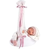 Llorens Babypuppe mit blauen Augen und weichem Körper, Puppe inkl. rosa Outfit mit Zipfelmütze, Schnuller, Schnullerkette und kuscheliger Hängewiege, 42cm