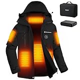 Brimekey Beheizbare Jacke Damen, Beheizte Fleece Ski-Jacken Wasserdicht Winddicht mit 12000 mAh Akku, 6 Heizung Zonen & 3 Heizstufen, Heizjacke mit Kapuze für Frauen Outdoor Winter