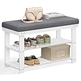 SONGMICS Schuhbank aus Bambus, Schuhregal mit 2 Ebenen, stabil, für Eingangsbereich, Wohnzimmer, Traglast 150 kg, 71 x 29 x 49 cm, Weiß und Grau LBS604W01