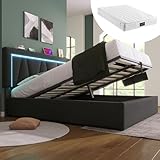 Crlnaup Polsterbett LED Doppelbett mit USB Typ C Ladefunktion und LED-Beleuchtung,Stauraumbetten Bettgestell aus Leinenmaterial Jugendbett 160x200 mit lattenrost(Mit Matratze)