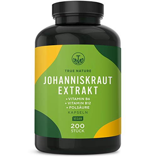 Johanniskraut Extrakt Hochdosiert - 200 Kapseln - entspricht 3.600mg pro Kapsel - mit Vitamin B6, B12 & Folsäure (tragen zur Verringerung von Müdigkeit bei) - Vegan & Deutsche Produktion TRUE NATURE®