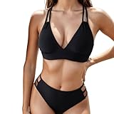 Damen Bikini Set, V Ausschnitt Crossover Push up Bikini-Oberteil & High Waist Bikini-Unterteile, Sexy Zweiteiliger Badeanzug Swimsuit (DE/NL/SE/PL, Alphanumerisch, L, Regular, Regular, Schwarz)