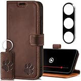 SURAZO Leder Handyhülle für Samsung Galaxy S25 Hülle mit Kameraschutz und Ständer - Premium Echtleder Schutzhülle mit Kartenfach, RFID Schutz, Pfote Motiv - Flip Case Lederhülle (Nussbraun)