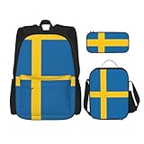 JIPOFD Rucksack mit schwedischer Flagge, Büchertaschen-Set mit Lunchtasche und Federmäppchen, großes Fassungsvermögen, Rucksack mit Lunchtasche, Schwarz, Einheitsgröße