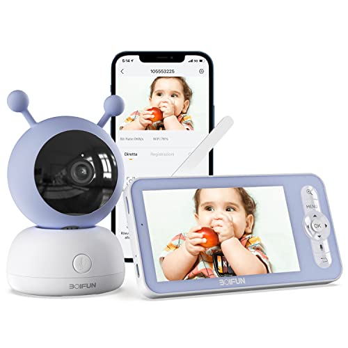 Babyphone mit Kamera 1080P, BOIFUN 5' Babyphone Video, PTZ 355°, Bewegungs- und Geräuscherkennung, Temperatur- und Luftfeuchtigkeitsüberwachung, unterstützt Mobile App Steuerung