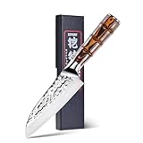 Kitory Santokumesser kleines 14 cm Kochmesser Sushi Messer Profi Messer mit Gehämmerte scharfe Klinge und Bambusgriff, hochwertigem Carbon Edelstahl mit Geschenkbox