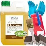 ECOILS Leinöl für Holzterrassen mit Bienenwachs 2L - 24m² | 100% Natürliches Holzöl Außenbereich OHNE Chemische Zusätze | Wetterfest Holz Öl Außen, Terrassenöl | + Eine Reihe nützlicher Werkzeuge