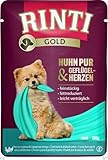 Rinti Gold Mini Huhn Pur & Geflügelherzen | 10 x 100 g | Alleinfuttermittel für ausgewachsene kleine Hunde | Ausschließlich Huhn für empfindliche Hunde bei Allergien | Im Frischebeutel