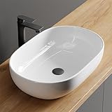 Planetmöbel Aquil Deluxe Waschbecken Oval | Aufsatzwaschbecken für Badezimmer und Gäste-WC | Handwaschbecken ohne Hahnloch und Überlauf | weiß, 60 x 40 x15 cm