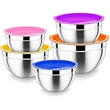 N+A Rührschüssel Edelstahl mit Deckel 5er Set, Edelstahlschüsseln Stapelbar Salatschüssel Mixing Bowl Ideal zum Kochen Backen Aufbewahrung